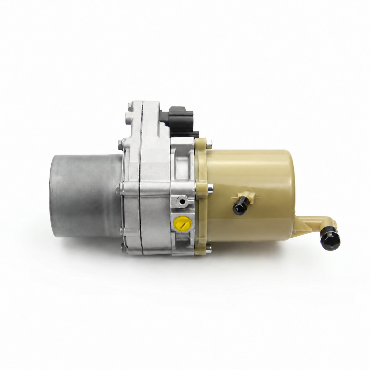 Electric power steering pump and reservoir shown from the side, with yellow protective plug