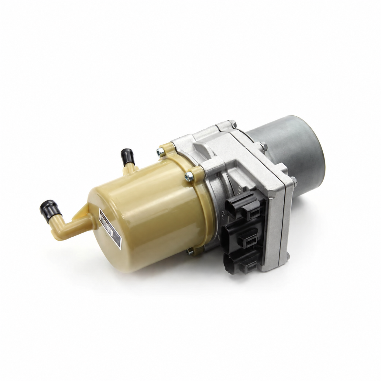 Electric power steering pump reservoir, hose connections and electrical connectors, front angled view