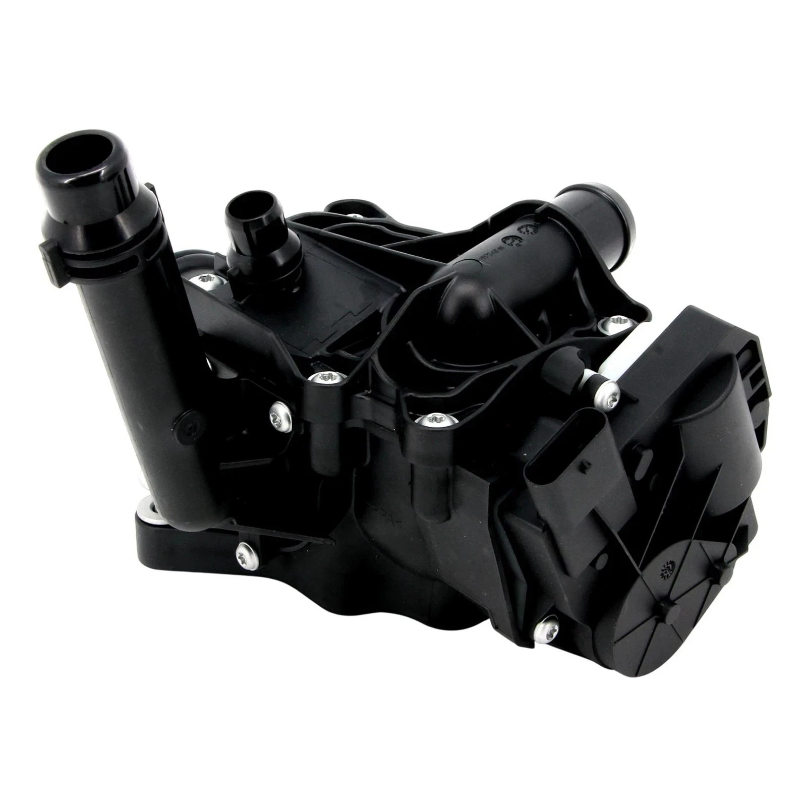 BMW B58 thermostat angled side view with actuator and coolant pipes