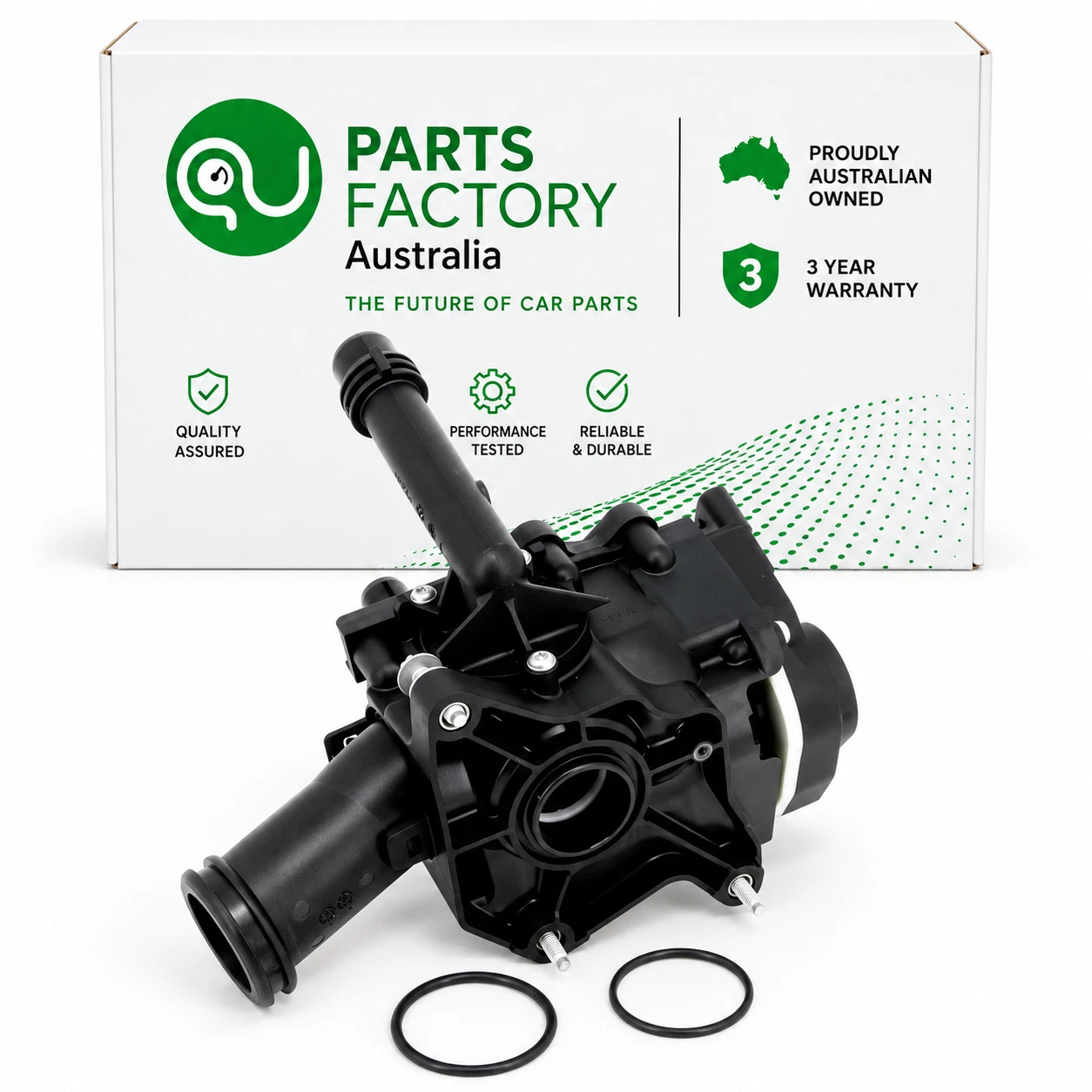 BMW B58 thermostat assembly with O-rings and Parts Factory Australia packaging