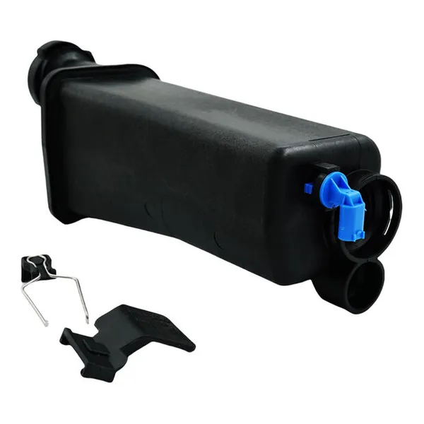BMW E46 318i M43 coolant expansion tank, reverse view showing hose openings and mounting pieces