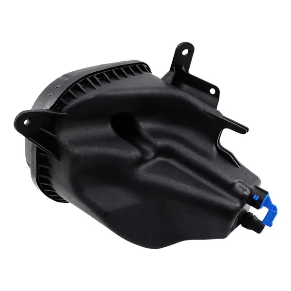 BMW X5 E70 coolant expansion tank, reverse view showing hose ports and blue retaining clip