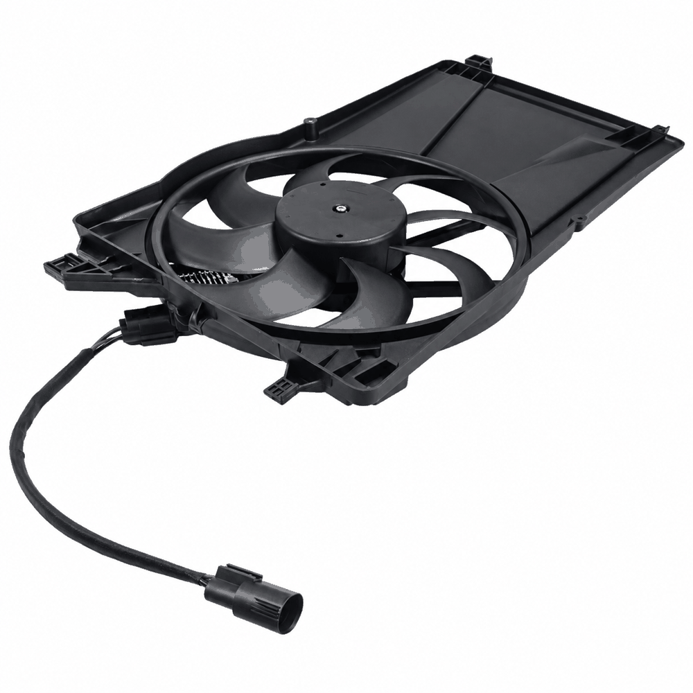Ford Focus LS LT radiator fan, front angled view showing seven blades and three-wire connector cable