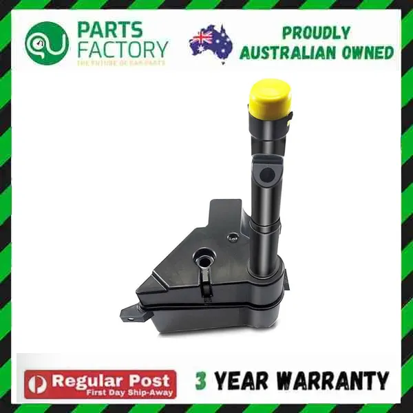 Holden Commodore VT VX VY V6 coolant overflow tank with filler neck and cap in the original Parts Factory Australia frame