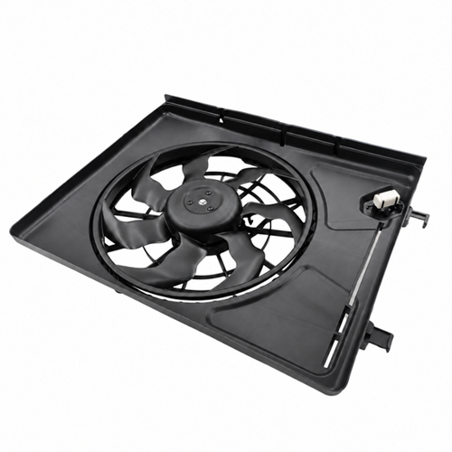 Hyundai Elantra HD radiator fan, front angled view showing seven blades and ceramic resistor
