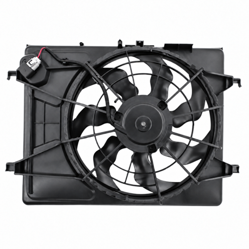 Hyundai Elantra HD radiator fan, rear view showing motor, wire routing and mounting tabs