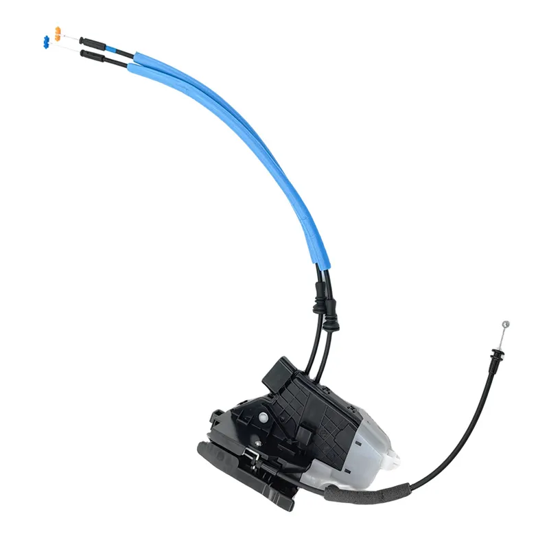Hyundai Tucson TL rear-left door lock actuator, opposite side view showing housing, bracket and attached cables
