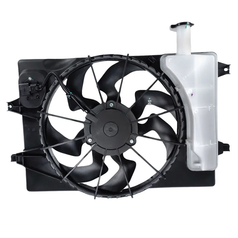Kia Cerato BD radiator fan, rear view showing motor, wiring and mounted reservoir with cap