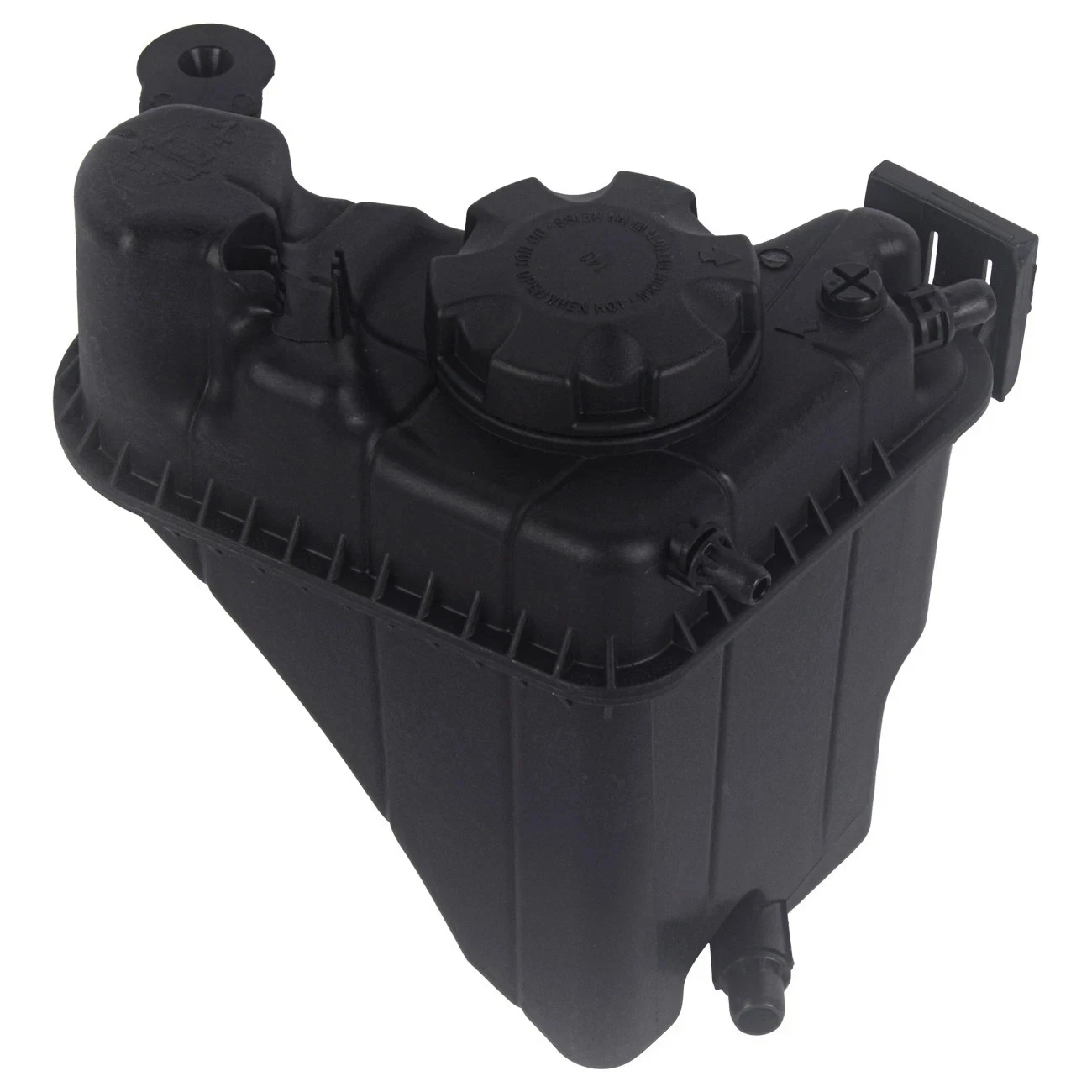 Angled BMW coolant reservoir view showing the housing and connections
