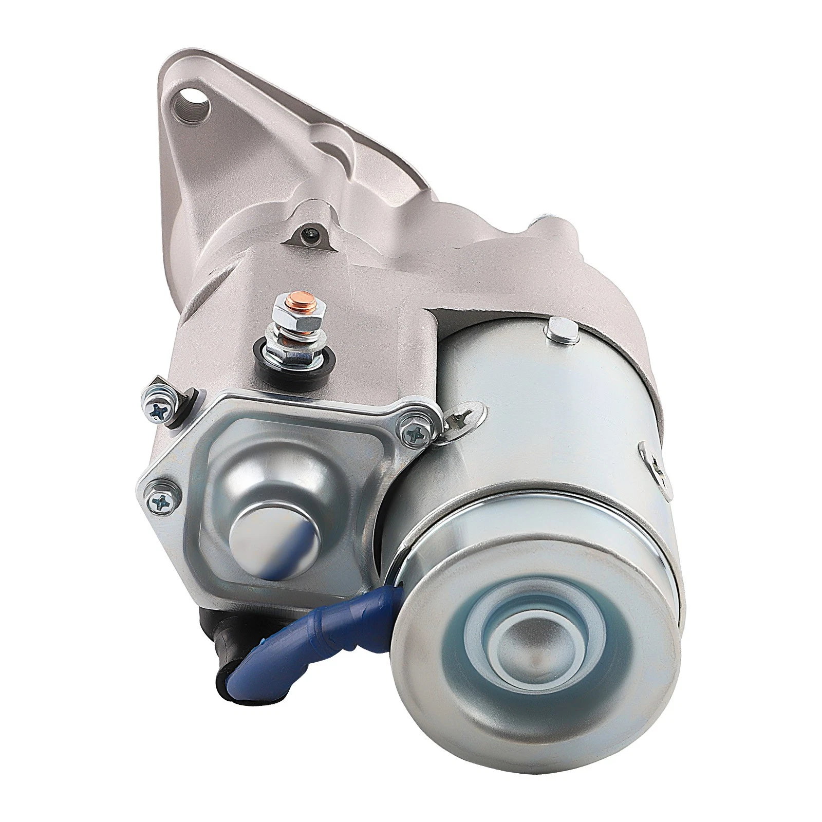 Angled Toyota starter motor view showing its housing, solenoid and mounting points