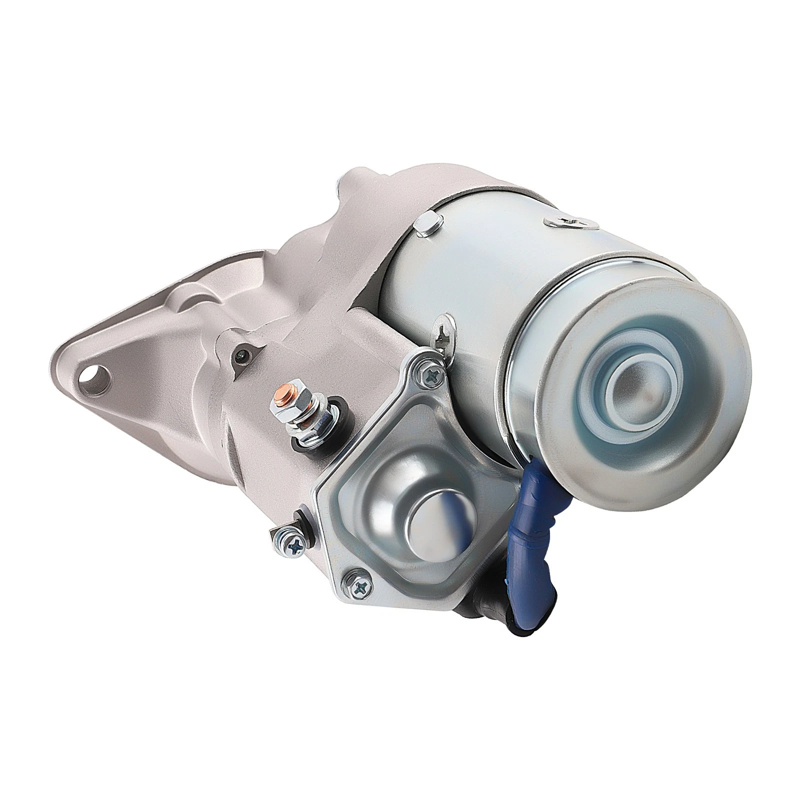 Three-quarter view of Toyota diesel starter motor showing the drive end and mounting flange