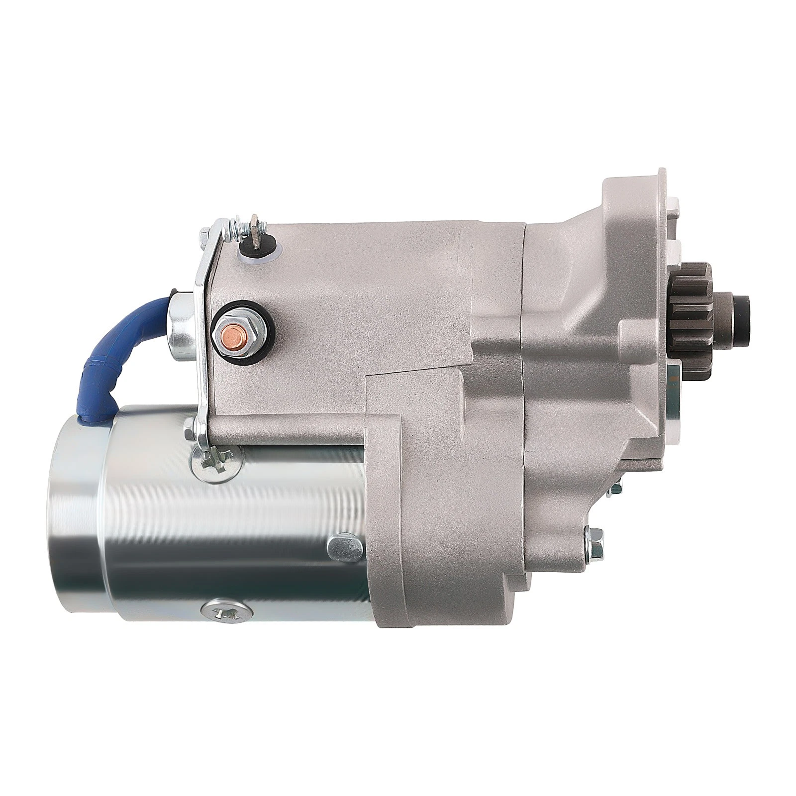 Toyota diesel starter motor side profile showing the 11-tooth pinion and mounting bracket